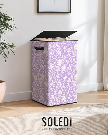 SOLEDI Laundry Hamper with Lid, 90L Tall & Large Floral Laundry Basket, Collapsible Clothes Hamper with Removable Bag, Dirty Hampers for Bedroom, Bathroom, Laundry Room