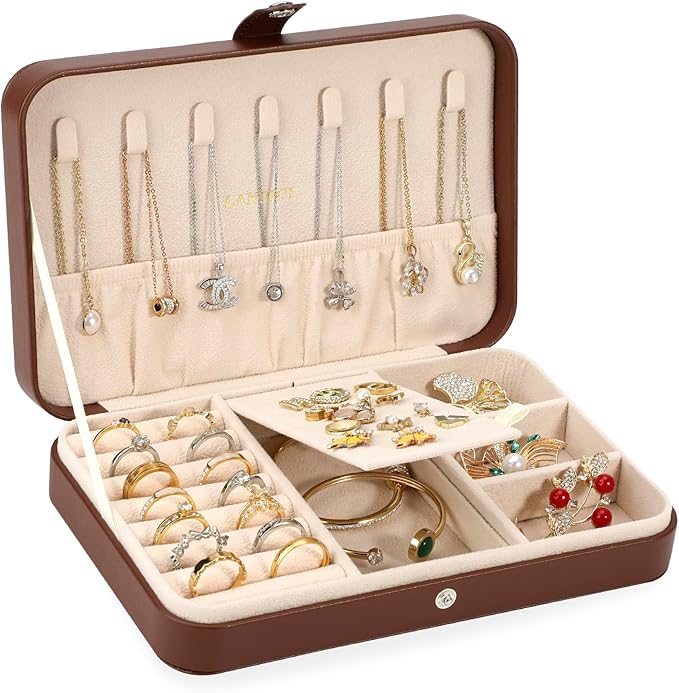 LANDICI Small Jewelry Box for Women Girls, PU Leather Travel Jewelry Case, Portable Jewelry Organizer Storage Holder Display for Ring Earrings Necklace Bracelet Bangle Men Kids Gift, Coffee