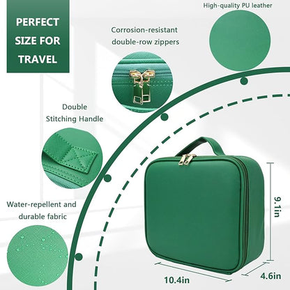 Travel Makeup Bag,with Mirror 3 Color Setting and Detachable 10x Magnifying Mirror Travel Makeup Bag,Portable Storage and Adjustable Dividers（Dark green）