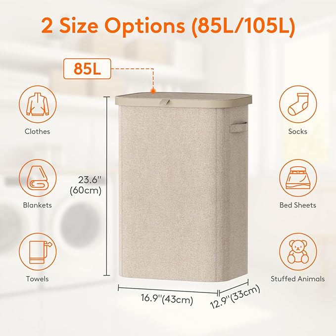 Lifewit 85L Laundry Basket with Lid, Large Laundry Hamper with Plastic Handles and Removable Bag, Foldable Tall Dirty Clothes Hampers for Laundry for Laundry Room, Bedroom, Bathroom, Dorm, Beige