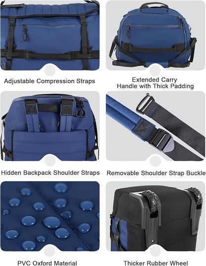 85L 29“ Foldable Rolling Backpack with Wheels, Soft-Side Travel Duffle Bag with Separate Shoe Compartment, Full Quilted Bottom, Navy Blue