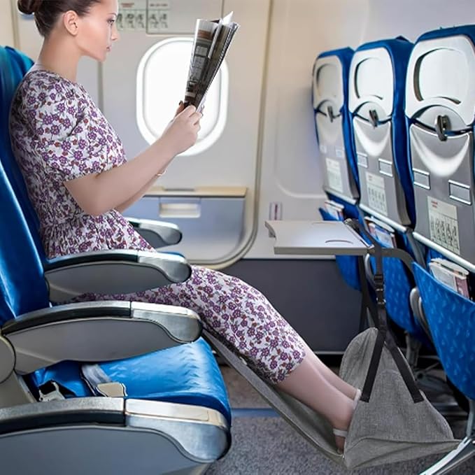 Portable Airplane Foot Hammock, Height Adjustable Feet Rest for Plane Travel, Office, Desk, Bus, Train, Long Trip(Light Gray)