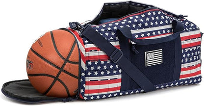 QT&QY 40L Military Tactical Duffel Bag For Men Sport Gym Bag Fitness Tote Travel Duffel Bags Training Workout Bag With Shoe Compartment Basketball Football Weekender Bag patriot Star Spangled