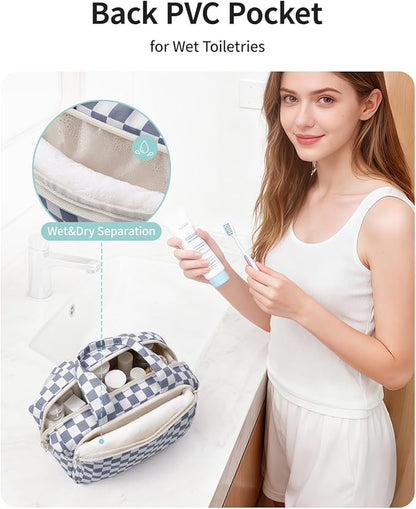 Narwey Travel Toiletry Bag, Wide-open Large Toiletry Bags for Traveling Women, Checkered Travel Bag for Toiletries Cosmetic Makeup Bag Organizer, Skincare Make Up Bag (Greyish Blue Checkerboard)