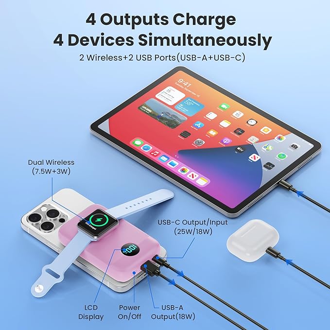 Magnetic Portable Charger for iPhone,10800mAh 4-in-1 Power Bank with iWatch Charger,25W PD Fast Charging Battery Pack for Magsafe,iPhone 17/16/15/14/13/12 Series,Apple Watch,Travel Essential,Pink