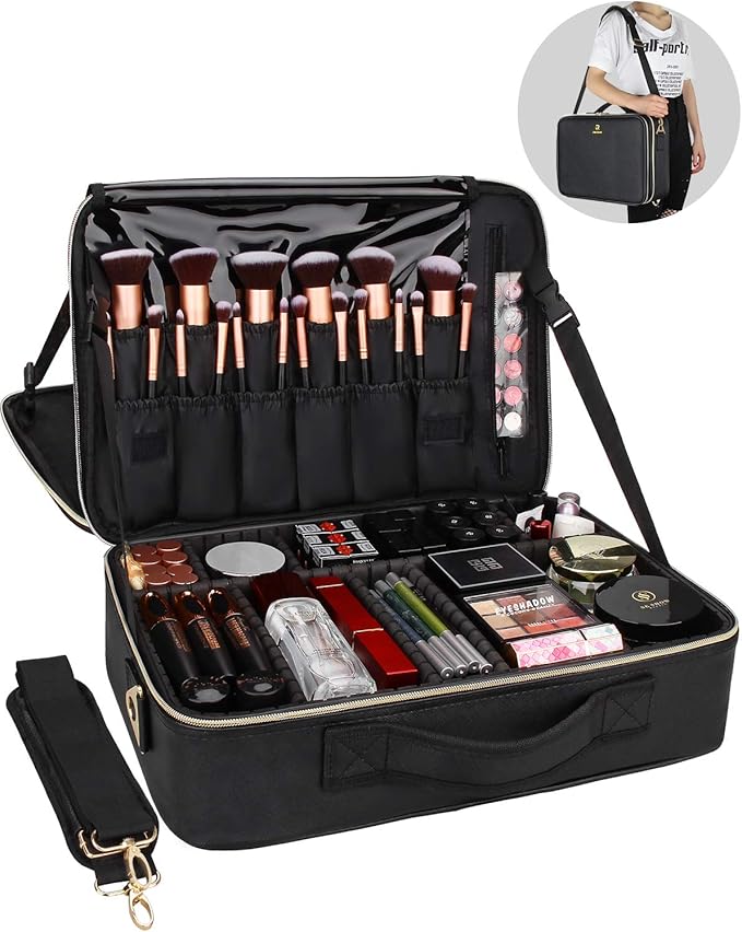 Relavel Makeup Case Large Makeup Bag Professional Train Case 16.5 inches Travel Cosmetic Organizer Brush Holder Waterproof Makeup Artist Storage Box, 3 Layer Large Capacity, with Adjustable Strap