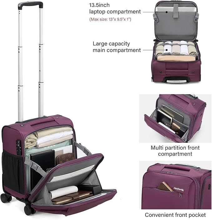 Hanke 16 Inch Underseat Carry On Luggage with Wheels Small Suitcase Softside Luggage Bags for Travel Lightweight Suitcases with Wheels Travel Luggage Personal Item for Men and Women.(Purple)