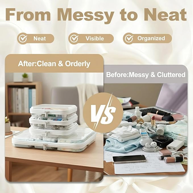 4 pcs Zipper Pouches Set, XL Hard Shell Storage Bag with 3 Medium Minus Travel Cases, Stackable Toiletry Organizer, Cosmetic Bag, Transparent Travel Storage (XL + 3 M-)