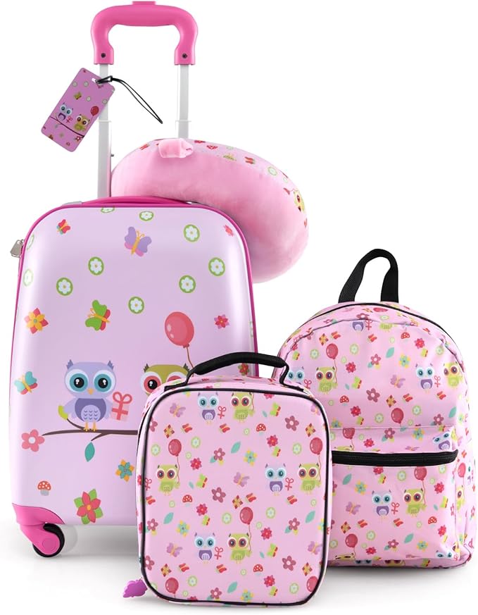 BABY JOY Kids Luggage, 5 Pieces Luggage Set w/ 16" Carry-on Hardshell Spinner Toddler Suitcase, 13" Backpack, Neck Pillow & Insulated Lunch Bag, Travel Kids Rolling Suitcase for Girls Boys (Pink Owl)