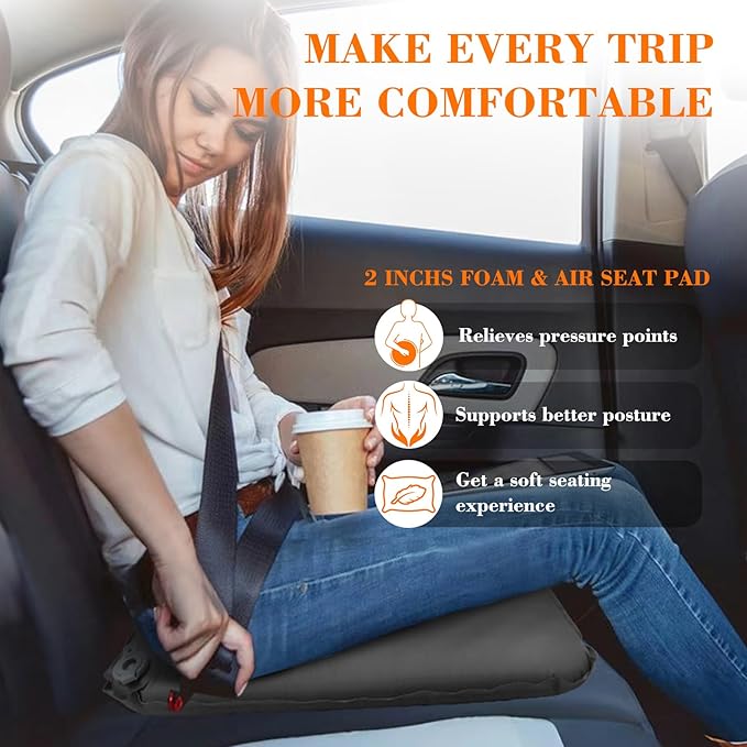 Inflatable Seat Cushion, Self-Inflating Memory Foam Stadium Seats Cushion Portable Camping Air-Foam Sitting Pad for Travel Airplane Car Bleachers Backpacking Office, Lightweight & Compact