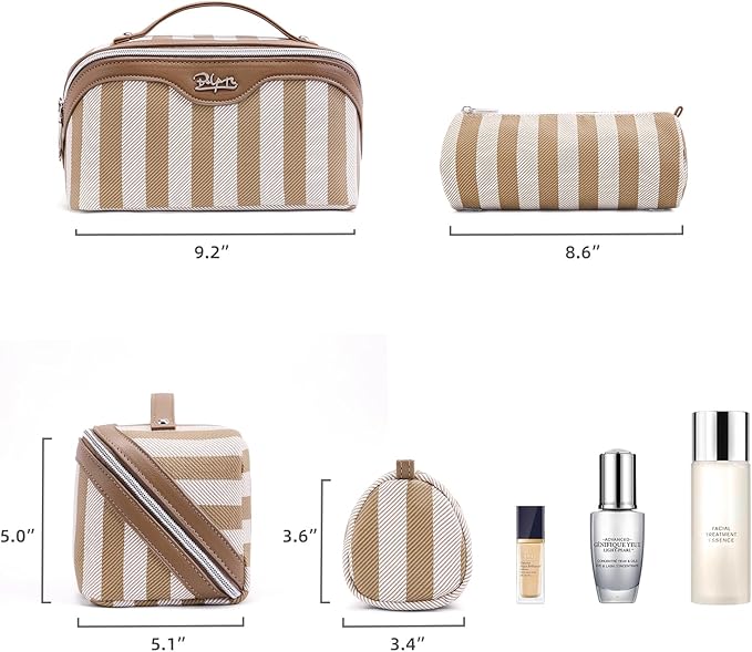 BOYATU Travel Makeup Bag for Women: Large Cosmetic Bag Set of 3 - PU Leather Make up Bag with Compartments - Compact Waterproof Toiletry Bag with Divider & Handle (B-5-Brown)