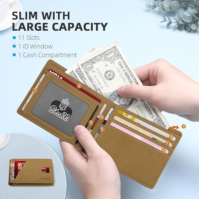 Zitahli Wallet for Men Slim 11 Credit Card Holder RFID Blocking Small Men's Wallet Bifold Minimalist Front Pocket With Mens Gifts Box