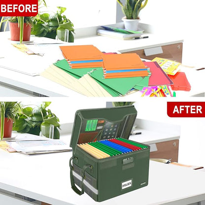 DocSafe Fireproof Document Box with Lock,File Storage Organizer with Mesh Pockets＆Lid,Collapsible Portable File Box Home Office Safe Filing Cabinet with Handle for Hanging Letter/Legal Folder,Green