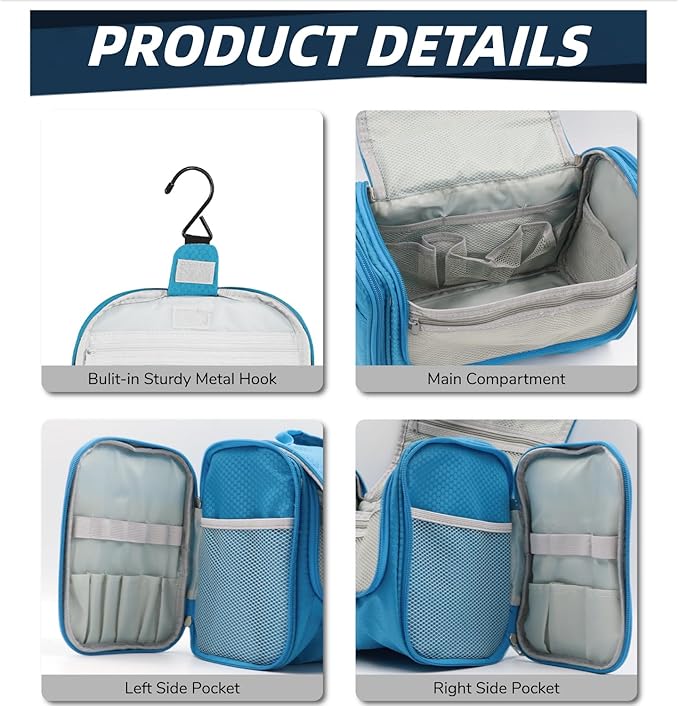 Buruis Large Toiletry Bag for Women and Men, Hanging Travel Bag for Makeup, Cosmetics, Shaving, Toiletries, Water-Resistant Dopp Kit for Gym, Camping, or Daily Use, Light Blue