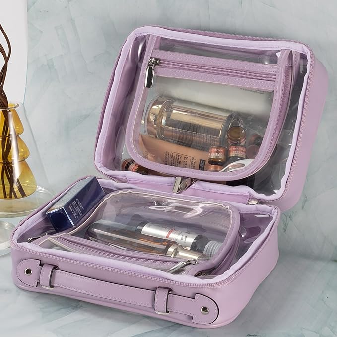 SANHECUN traveling toiletry bag large clear cosmetics case makeup bag Dimensions | LxWxH:10” x 4.5” x 7.5” (Purple, Medium)