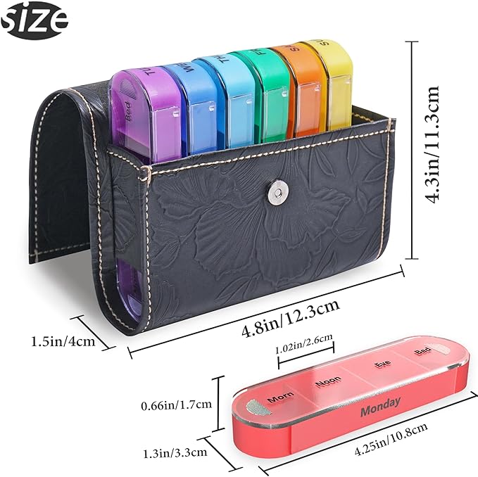 Pill Organizer,LIZIMANDU Weekly Travel Pill Case Box Medication Reminder Daily AM PM, Day Night 7 Compartments,for 4 Times A Day, 7 Days a Week-Includes Leather PU Carrying Case(1-Carved Black)