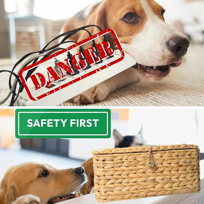 Wicker Cable Management Box with Lid, Set of 2 Handwoven Water Hyacinth Cords Hider Boxes for TV, Computer, Router, USB Hub to Hide Cords & Power Strip for Desk, Floor, Office