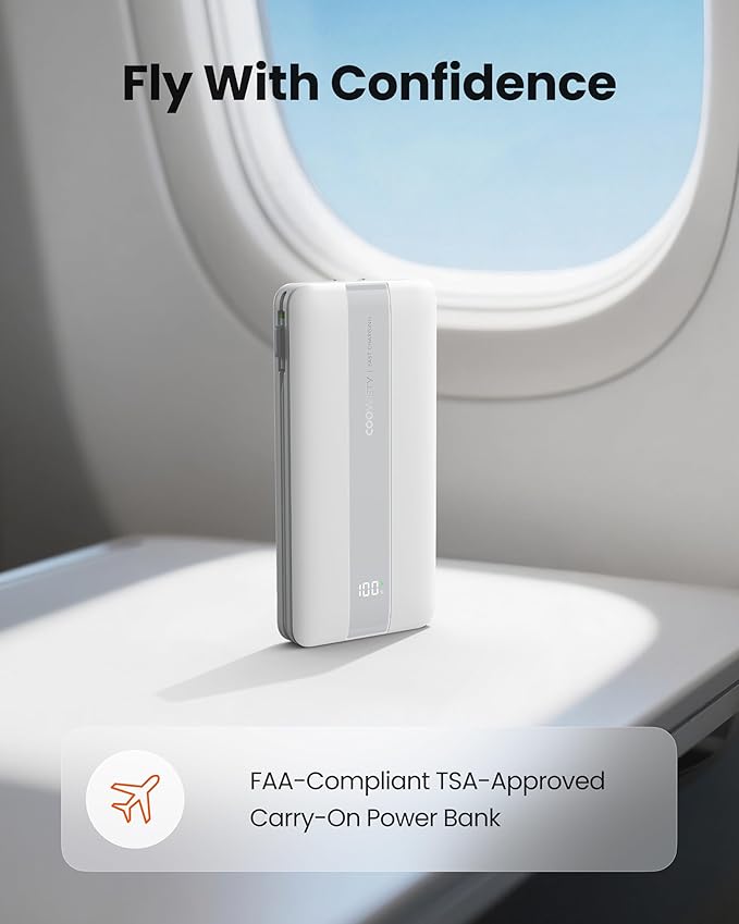 Fast Charging Power Bank, USB C Portable Charger Built in Cables and Wall Plug, 10500mAh 22.5W 4 Outputs 3 Inputs LED Display External Battery Pack Compatible with iPhone/Android (White)