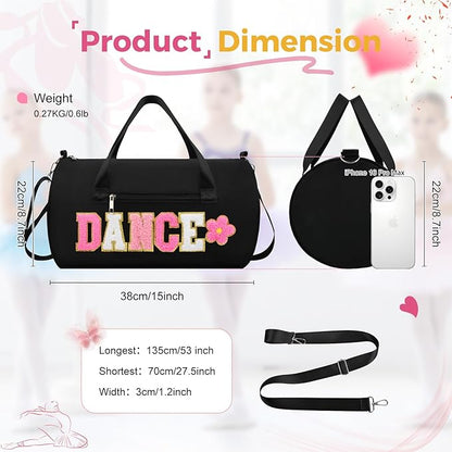 Dance Bag for Girls, KUIRAN 23L Waterproof Travel Duffel Bag with Colorful Chenille Letter, Lightweight Small Gym Sport Ballet Weekender Bag with Large Main Compartment - Black/White/Pink
