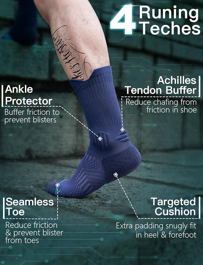 Mens Bamboo Viscose Crew Compression Running Socks Athletic Hiking Cushioned Wicking Anti-Blister Seamless