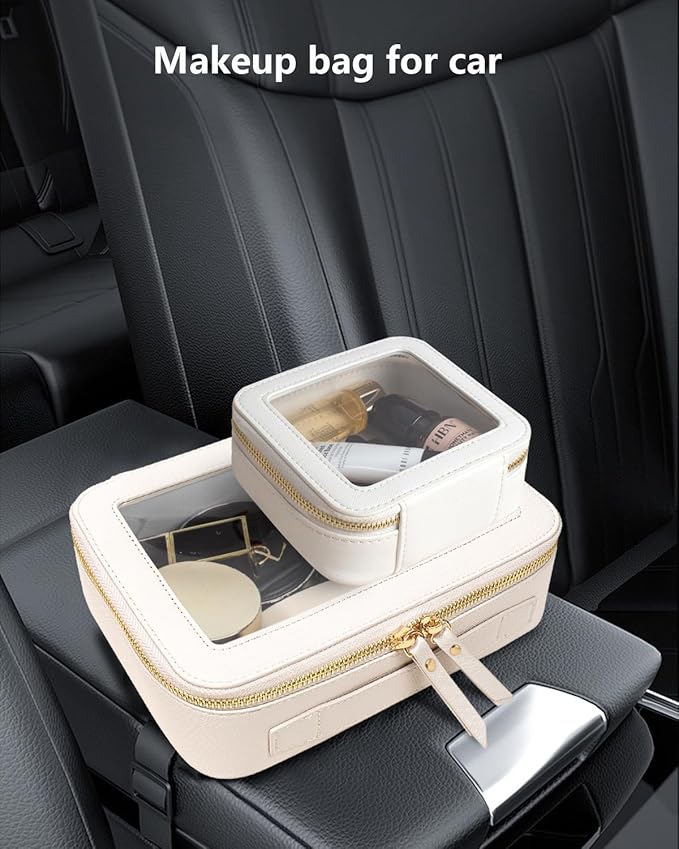 KOTORA Small Makeup Bag for Purse Cute Travel Makeup Bag Clear Cosmetic Bag with Zipper, Car Make Up Bag Organizer Storage Traveling Car Accessories Travel Essentials for Women (White)