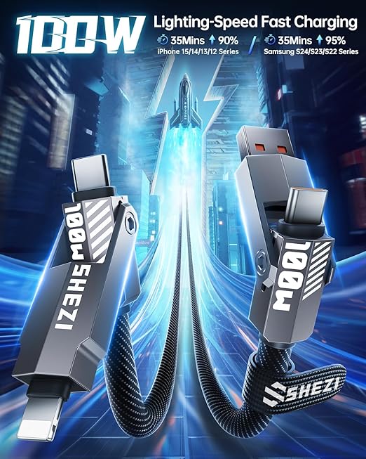 SHEZI Nylon Braided 4 in 1 USB C Cable 100W 5FT Compatible with Lightning Cable, Fast Charging for iPhone/iPad Charger Cord [480Mbps Data Sync],Multi Charging Cable with Type C/USB A, Grey