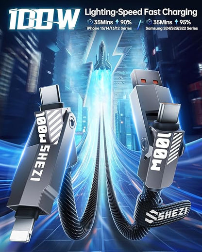 SHEZI Nylon Braided 4 in 1 USB C Cable 100W 3FT Compatible with Lightning Cable, Fast Charging for iPhone/iPad Charger Cord [480Mbps Data Sync],Multi Charging Cable with Type C/USB A, Grey