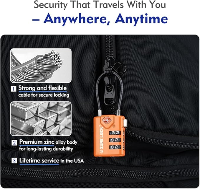 SURE LOCK TSA Approved Combination Luggage Locks with Open Alert Indicator – Durable Zinc Alloy Cable Travel Locks with Large Easy-Read Dials for Suitcases, Backpacks & Gym Bags Orange 4 Pack
