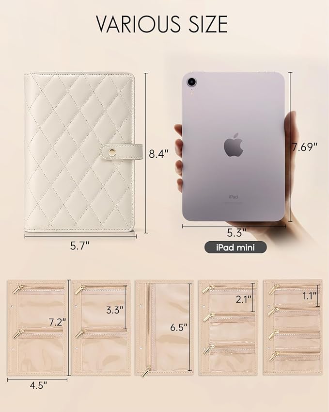 Vlando Teacher Gifts for Women,Travel Jewelry Organizer Case,Jewelry Storage Book Ring Binder with Clear Zipper Velvet Jewelry Pouches Bags for Rings,Necklace,Earrings-Cream White