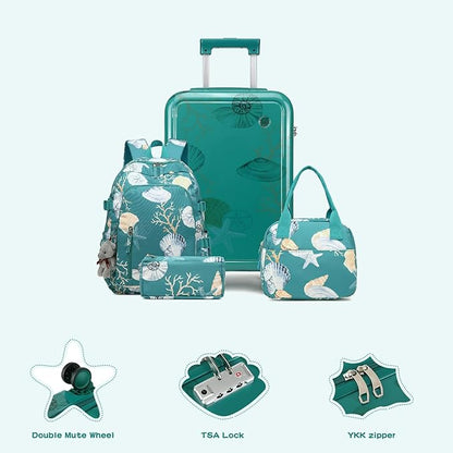 Somago 4 Piece Kid's Luggage with Backpack Set for Boys Girls Spinner 18" Hardside PC Rolling Carry on Suitcase with TSA Lock (Seashell Blue)