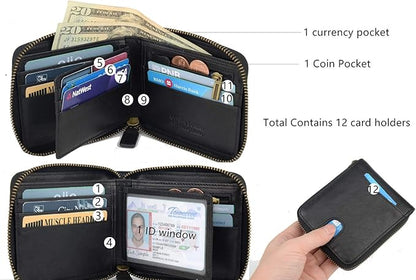 Genuine Leather Zipper Wallet With Coin Pocket, RFID Blocking Zip Around Front Pocket Bifold Wallet, Gift for Men