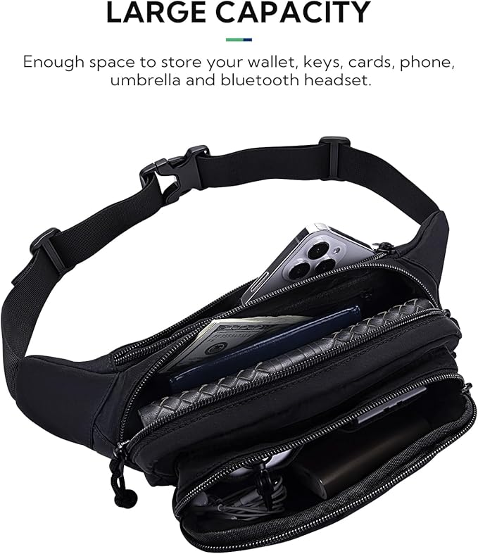 WATERFLY Fanny Pack Waist Packs: Large Crossbody Fanny Packs for Women Men with 5 Zipper Pockets Adjustable Strap Waist Bags Hip Pack for Traveling Cycling Running Hiking