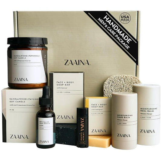 ZAAINA Men’s Self Care Package, Relaxation Spa Gift Set for Him - Luxury Natural Handmade Grooming Kit for Husband Dad Friend, Birthday & Christmas Gifts for Men (Premium Set with Sandalwood Candle)
