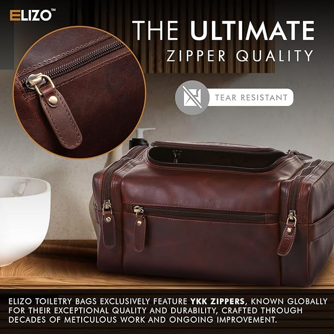ELIZO Genuine Leather Toiletry Bag for Men Mens Toiletry Bags for Traveling Waterproof Hanging Leather Dopp Kit w/Hook Extra largeToiletry Bag Travel Organizer for Toiletries