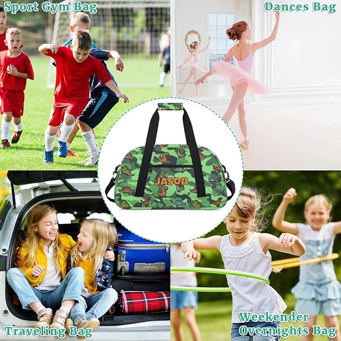 Personalized Duffel Bag for Kids Girls Boys, Cartoon Dinosaurs Custom Name Gym Bag Overnight with Padded Handles Carry On Weekend Sports Travel Bag for School Practice Gymnastics Ballet
