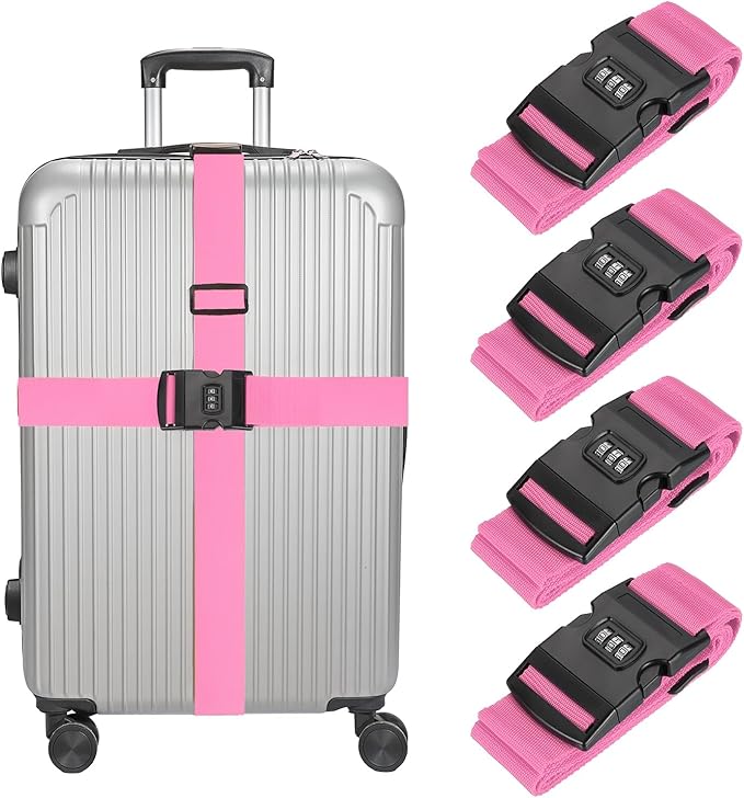 MECCANIXITY Luggage Straps with Combination Lock Adjustable Suitcase Belt Strap for Suitcase Briefcase Backpack Travel, Pink, Pack of 4