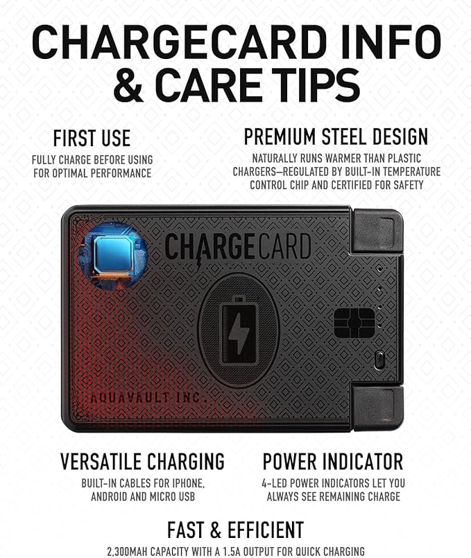 AquaVault ChargeCard – Ultra Slim Emergency Power Bank (2300mAh) – Fits in Wallet – USB-C & Micro-USB – Durable Steel Body – Flight-Safe for iPhone 12-17 & Android - Matte Black