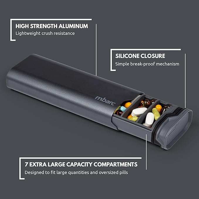 mbarc XL 7 Day Weekly Pill Organizer – Extra Large Capacity Pill Box - Premium Pillcase (XL, Steel Grey)