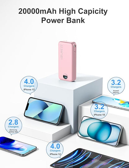 20000mAh Ultra-Portable-Charger-Power-Bank PD20W with Built in Cables&AC Wall Plug,Fast Charging Cell Phone Charger Battery Pack,LED Display Travel Battery Bank for All iPhone,Samsung,Android