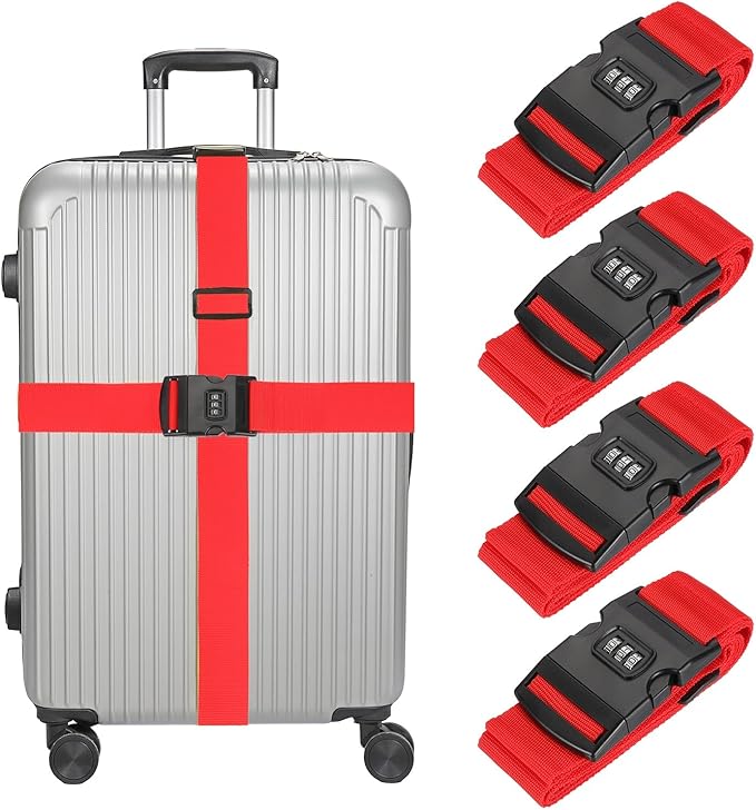 MECCANIXITY Luggage Straps with Combination Lock Adjustable Suitcase Belt Strap for Suitcase Briefcase Backpack Travel, Red, Pack of 4