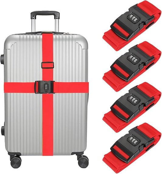 MECCANIXITY Luggage Straps with Combination Lock Adjustable Suitcase Belt Strap for Suitcase Briefcase Backpack Travel, Red, Pack of 4