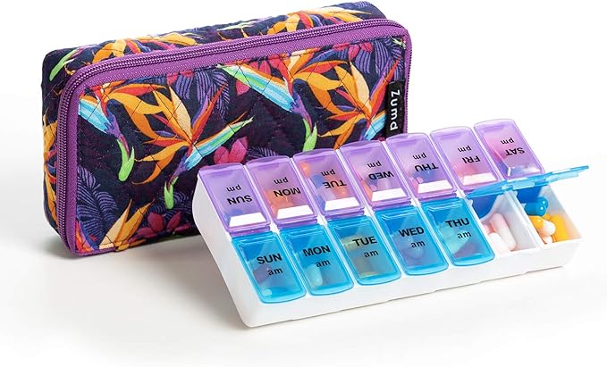 Weekly Pill Organizer 2 Times a Day, Zumd Pill Box 7 Day with Cute Quilted Fabric Zipper Case, Travel Pill Case Am Pm for Vitamin Medicine Organizer