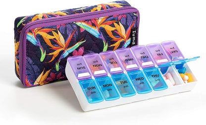 Weekly Pill Organizer 2 Times a Day, Zumd Pill Box 7 Day with Cute Quilted Fabric Zipper Case, Travel Pill Case Am Pm for Vitamin Medicine Organizer