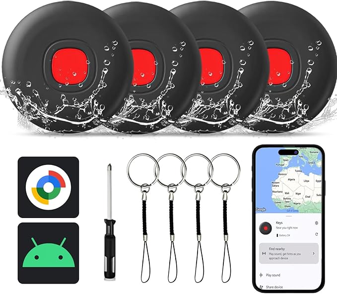 Bluetooth Smart Tags-4 Pack for Android, Smart Tags for Android, Google Certified/Works with Google Find Hub/Luggage Tracker Android, Game Changer Waterproof Bluetooth Tags for Keys,Wallets,Suitcases