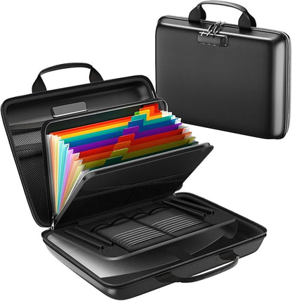 Fireproof Document Box, Hard Case Fireproof File Organizer with Lock and 13 Pocket Accordion File Folder, Portable Safe Box for Home Office Travel to Storage Important Documents Laptop Black