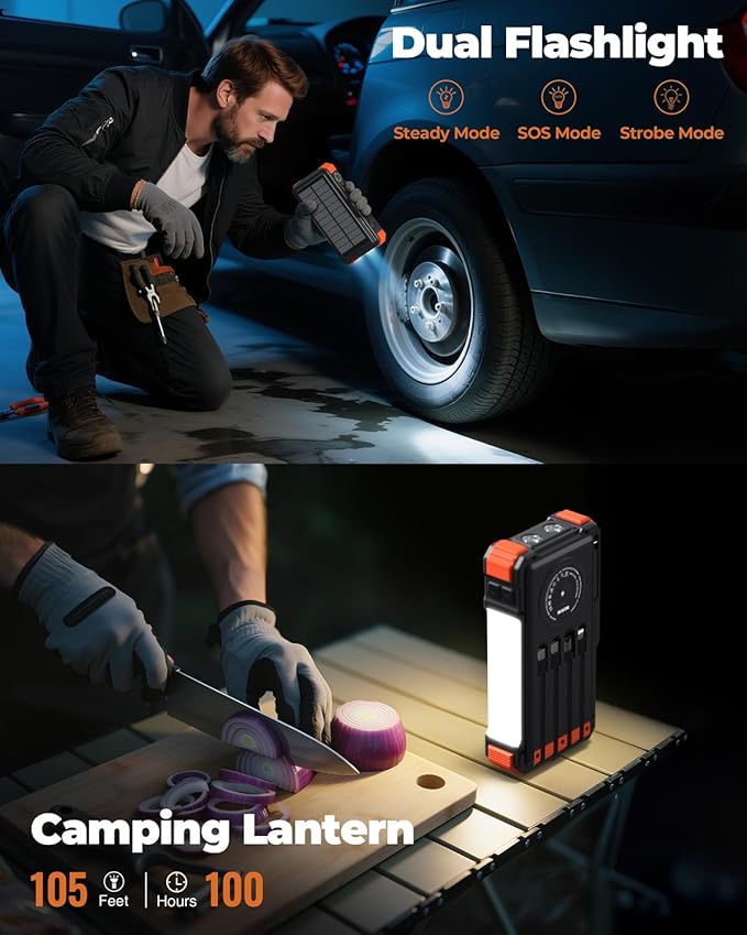 BLAVOR Solar Power Bank with Hand Crank and 4 Cables, 20000mAh Wireless Portable Charger with USB C & Camping Light, 20W Fast Charging Battery Pack for iPhone, iPad, Samsung, All Mobile Phones