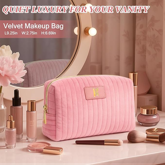 Monogrammed Make Up Bags for Women,Personalized Cosmetic Bags Women,Small Quilted Makeup Pouch,Cute Makeup Bag Travel,Birthday Gifts for Teen Girl (Pink I)