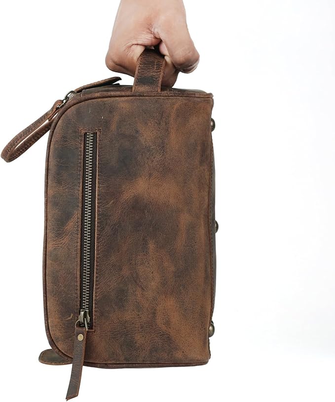 KomalC Leather Toiletry Bag For Men & Women, Handcrafted Buffalo Leather Travel Kit, Water-Resistant Shaving Bag For Men Travel, Premium Rustic Toiletry Pouch with Zipper Closure