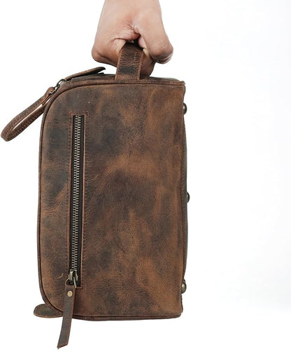 KomalC Leather Toiletry Bag For Men & Women, Handcrafted Buffalo Leather Travel Kit, Water-Resistant Shaving Bag For Men Travel, Premium Rustic Toiletry Pouch with Zipper Closure