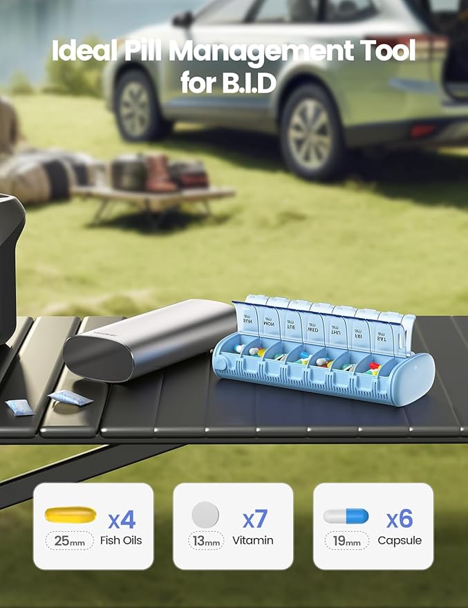 Vaydeer 7 Day Weekly Pill Organizer 2 Times a Day, Metal Am Pm Travel Pill Case, Large Capacity Twice Daily Cute Pill Box for Supplements, Pills, Vitamins and Medication (Gunmetal)